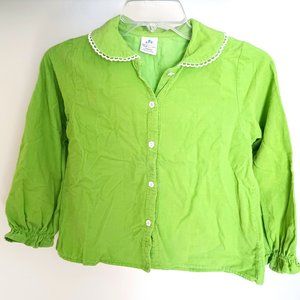 Girls Green Corduroy Button Long Sleeve Shirt with embroidered ruffle 6-7